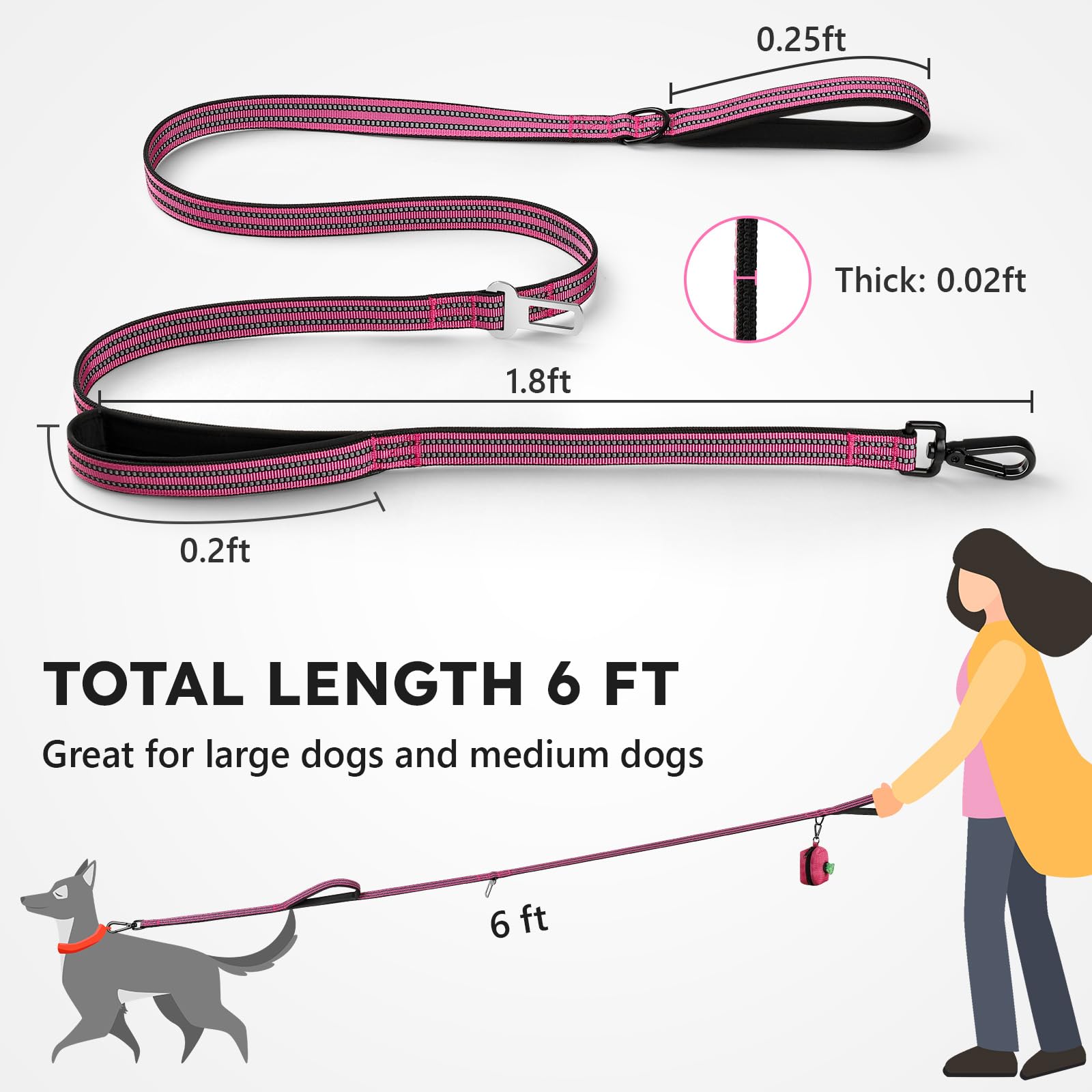 WINGOIN Correa resistente para perros grandes, medianos y pequeños, correa táctica reflectante de entrenamiento para perros con asas dobles, soporte para bolsa de excrementos, hebilla de seguridad,