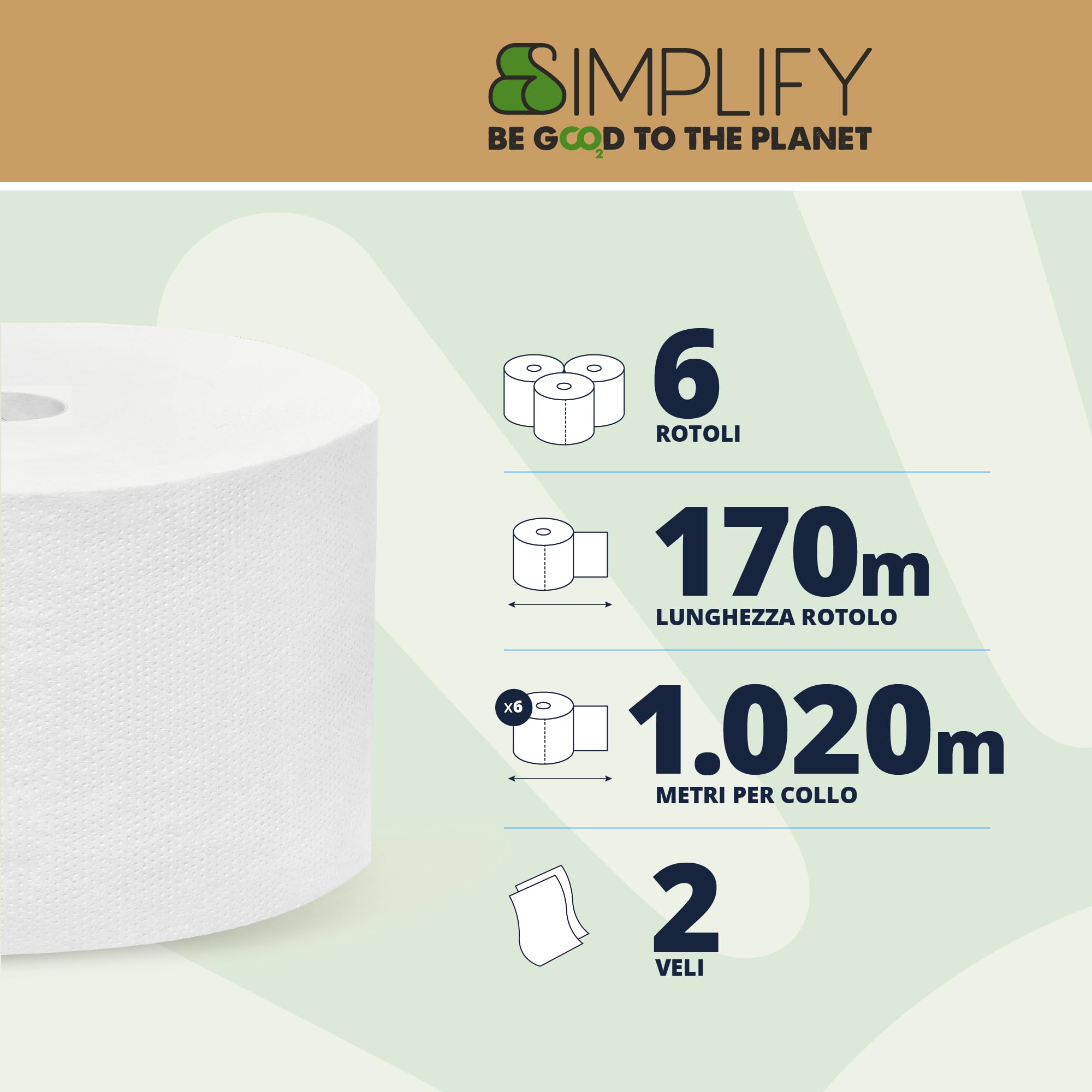 Papernet Simplify Toilettenpapier Carbon Neutral Mini Jumbo 419739, 1 Packung mit 6 Rollen aus reinem Zellstoff, je 170 m, 2-lagig, 8,6 x 30,5 cm