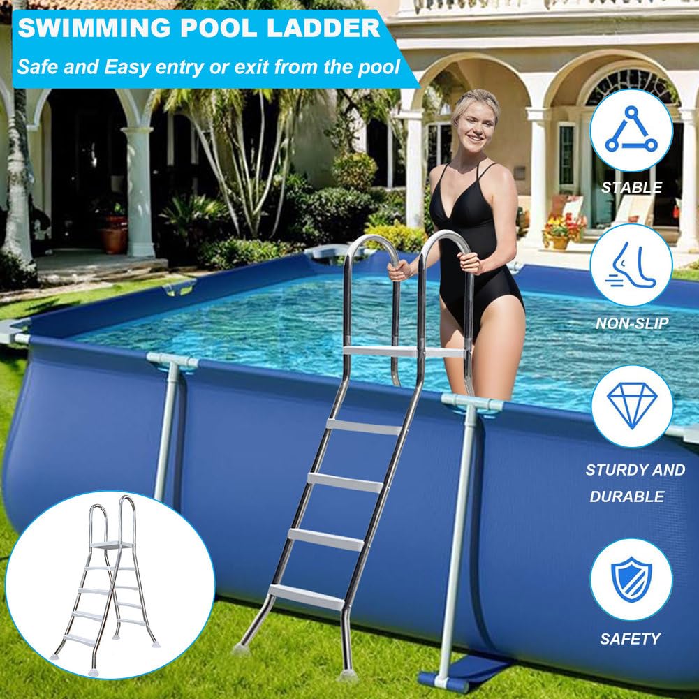Original Edelstahl Leiter für 1,32 m Pool - 2X 4 Stufen,Hochbeckenleiter V2A Classic Leiter Poolleiter Edelstahl,53 inch