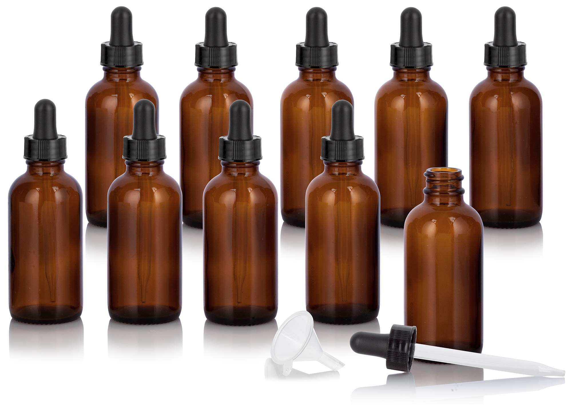 2 oz Amber Glass Boston Round Dropper Bottle (10 pack) + Funnel