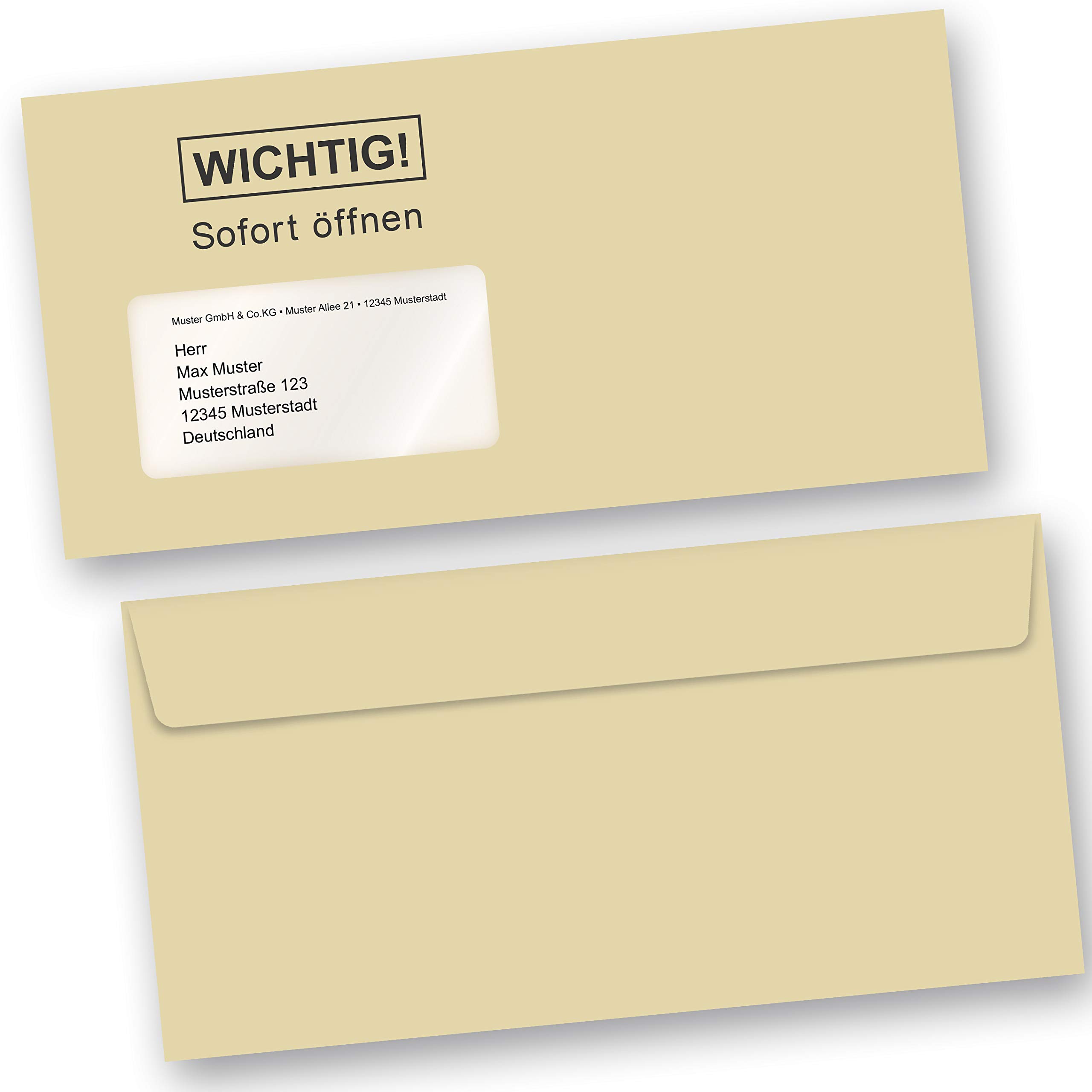 TATMOTIVE Briefumschläge 500 Stück DIN lang | Mit Fenster und haftklebend, Wichtig sofort öffnen, 110 x 220 mm, 80 g/qm, Farbe beige-gelb für Inkjetdrucker geeignet