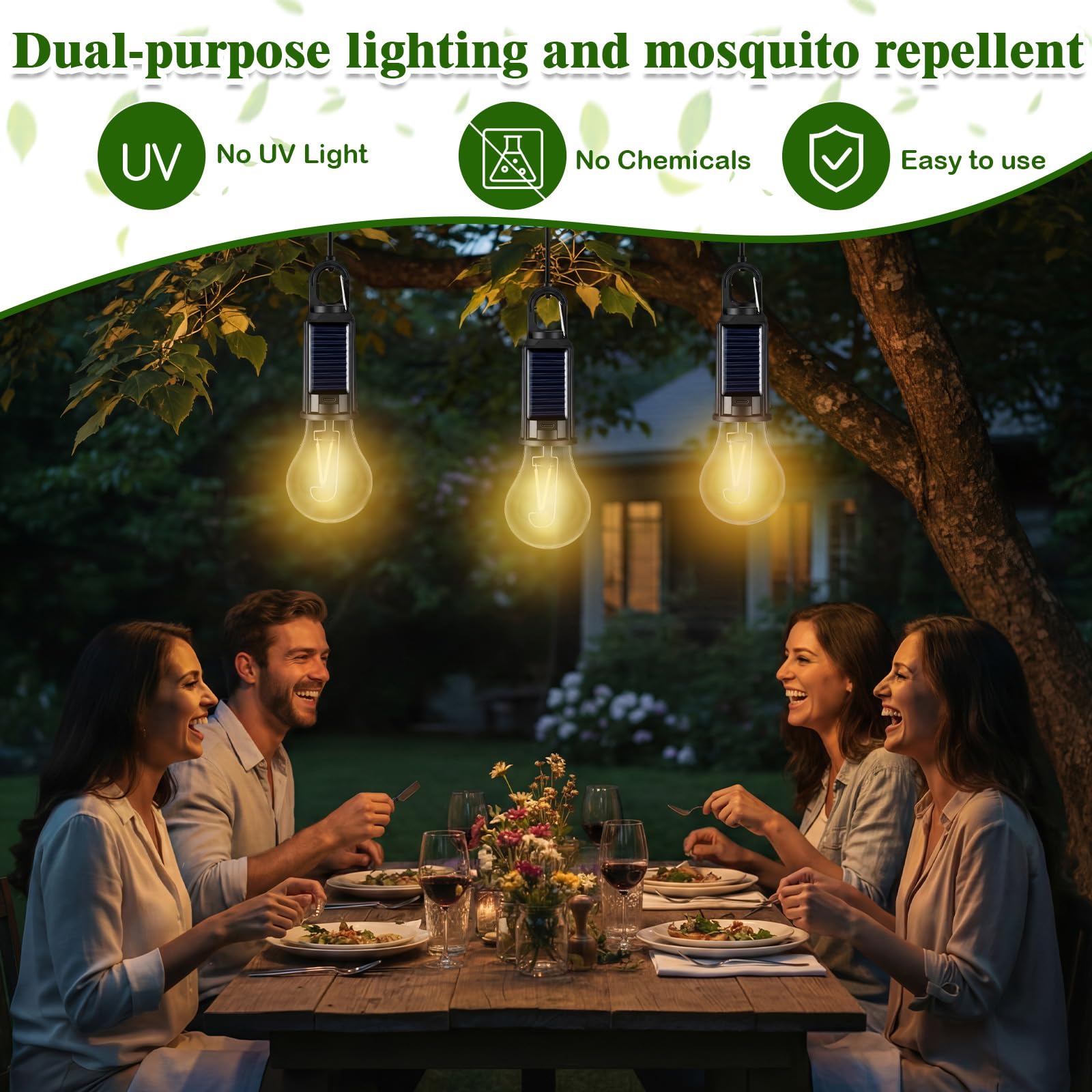4 lanterne solari da campeggio con luce gialla, lampadina LED ricaricabile per ridurre le zanzare, 3 diverse modalità, luce portatile da appendere con gancio per campeggio, escursionismo