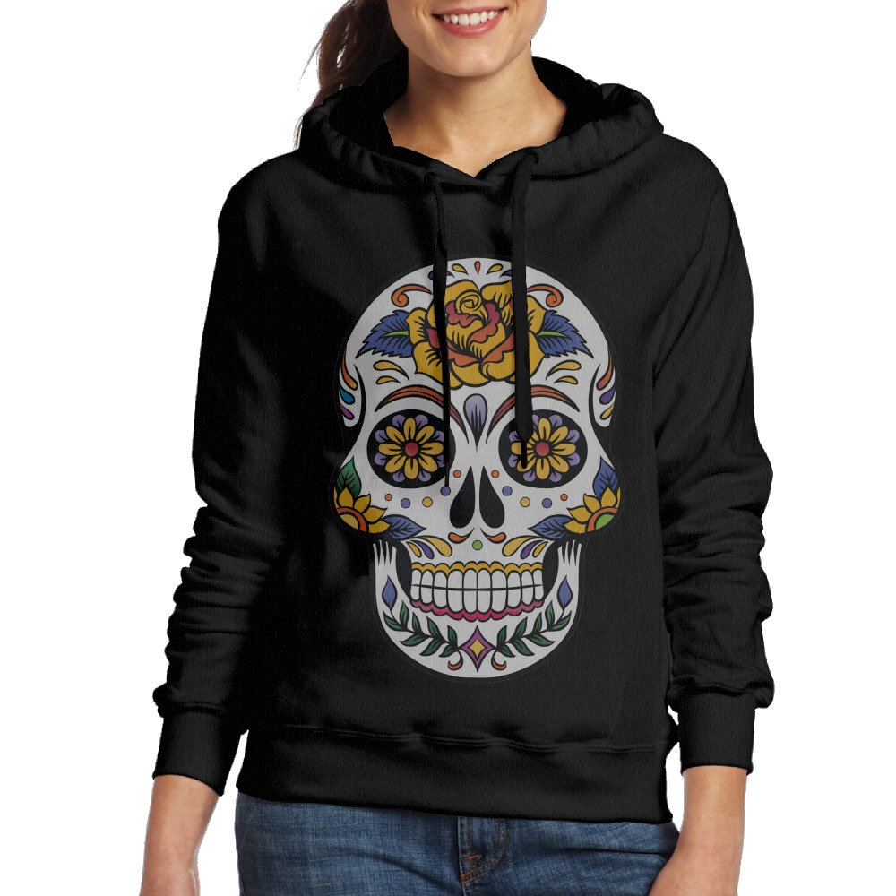 LOYRA Women's Rose Sugar Skull Hooded Sweatshirt Black