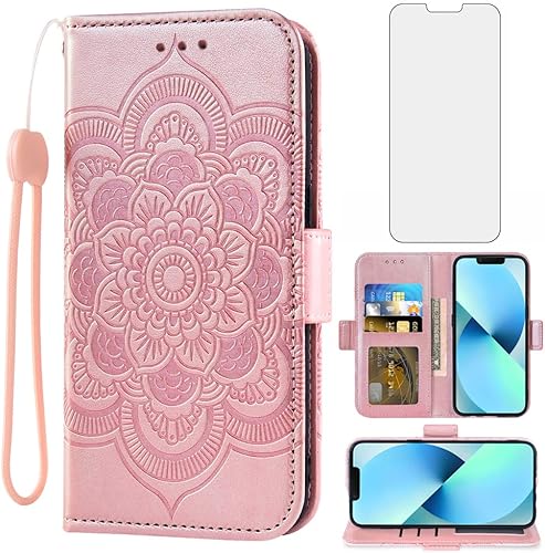 Funda compatible con iPhone 13 Mini de 5.4 pulgadas y protector de pantalla de vidrio templado, funda con tapa para tarjetero, fundas para teléfono