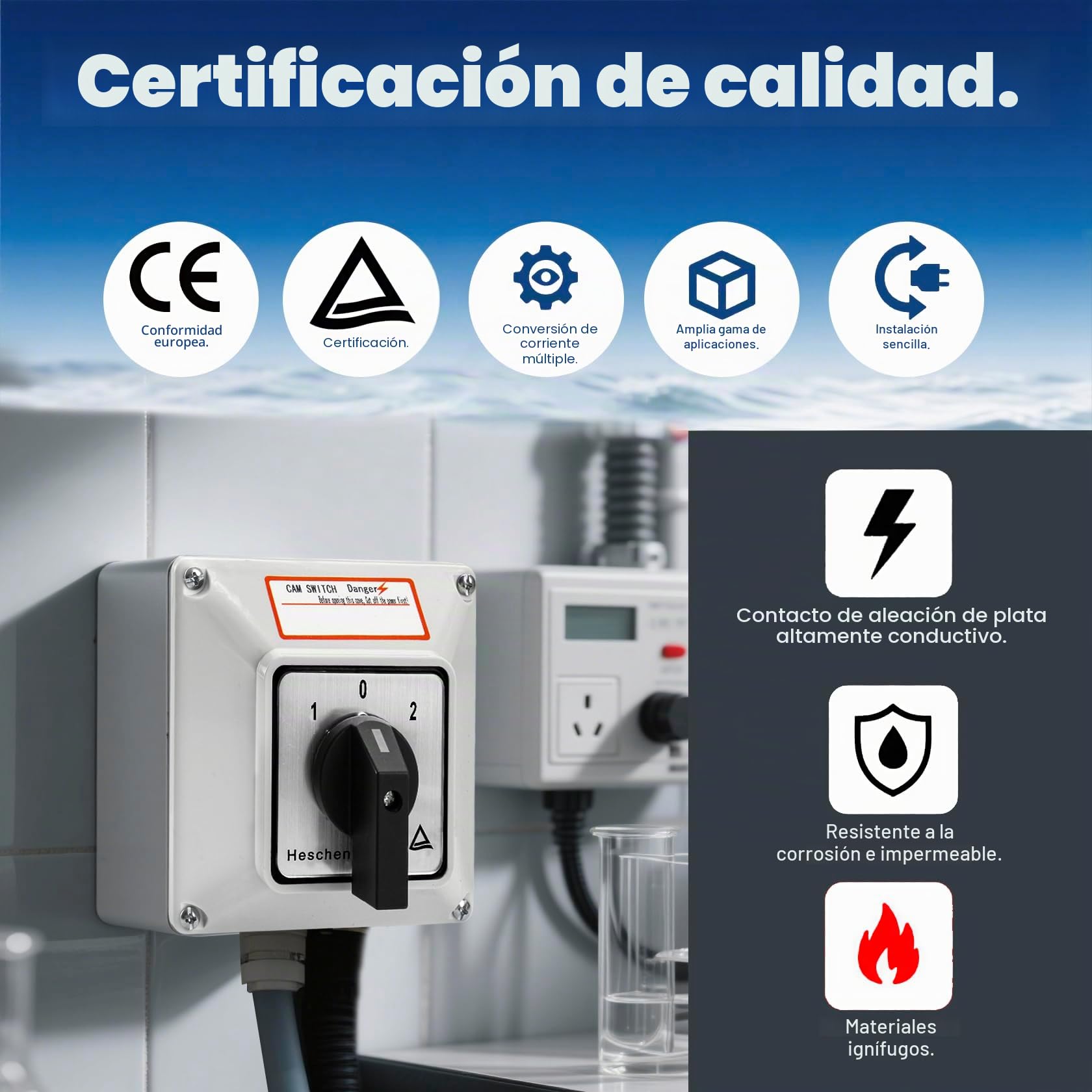 Heschen Interruptor de cambio de selector de leva giratorio universal, SZW26-63/D303.3D, 660V 63A, ON-OFF-ON 3 posiciones, 3 fases 12 terminales, con caja exterior de interruptor maestro