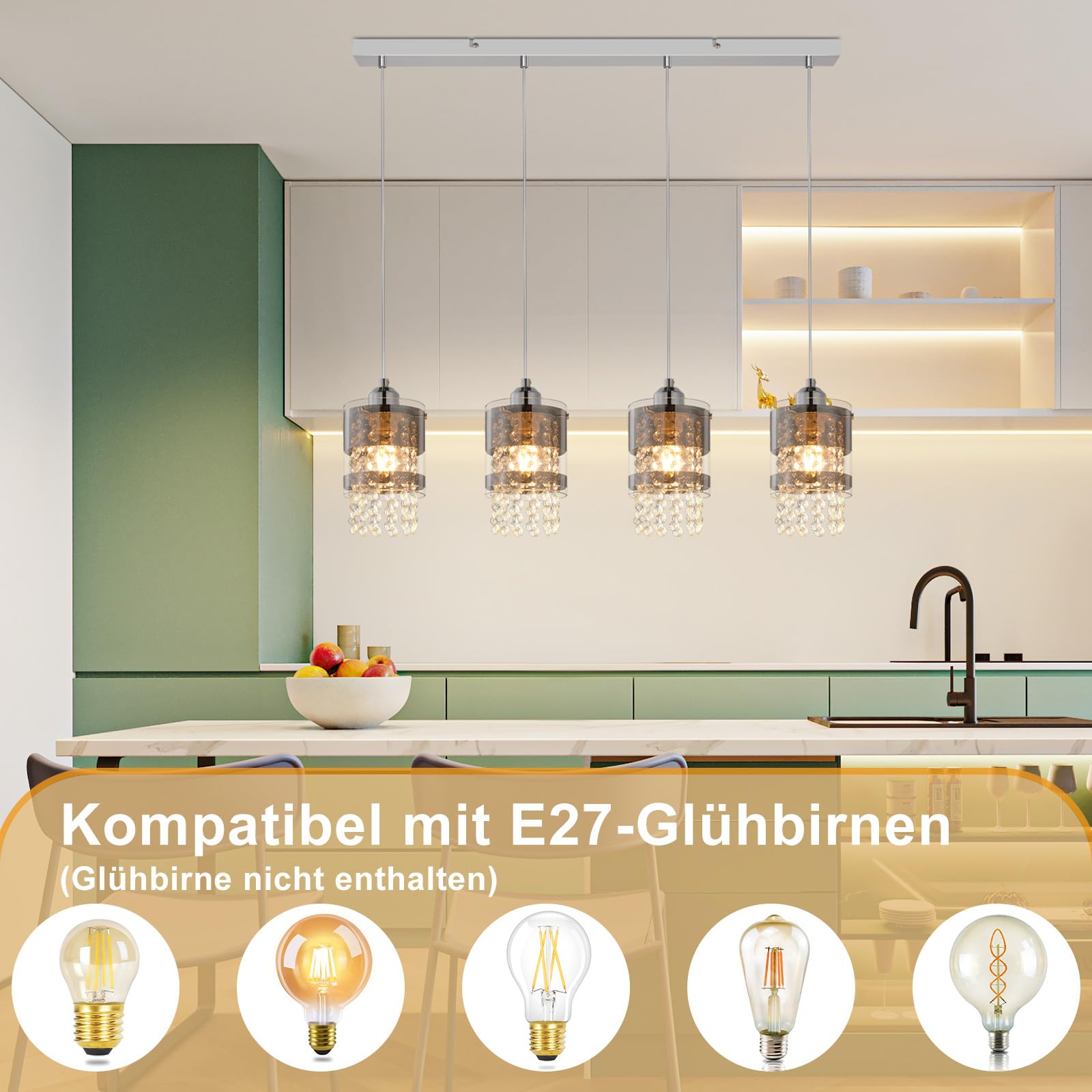 ZMH Pendelleuchte Esstisch Modern Hängelampe Glas Hängeleuchte Esszimmer 4 | Flammig Esstischlampe Hängend 150CM Höhenverstellbar Kristall E27 Pendellampe für Küche Wohnzimmer Ohne Leuchtmittel