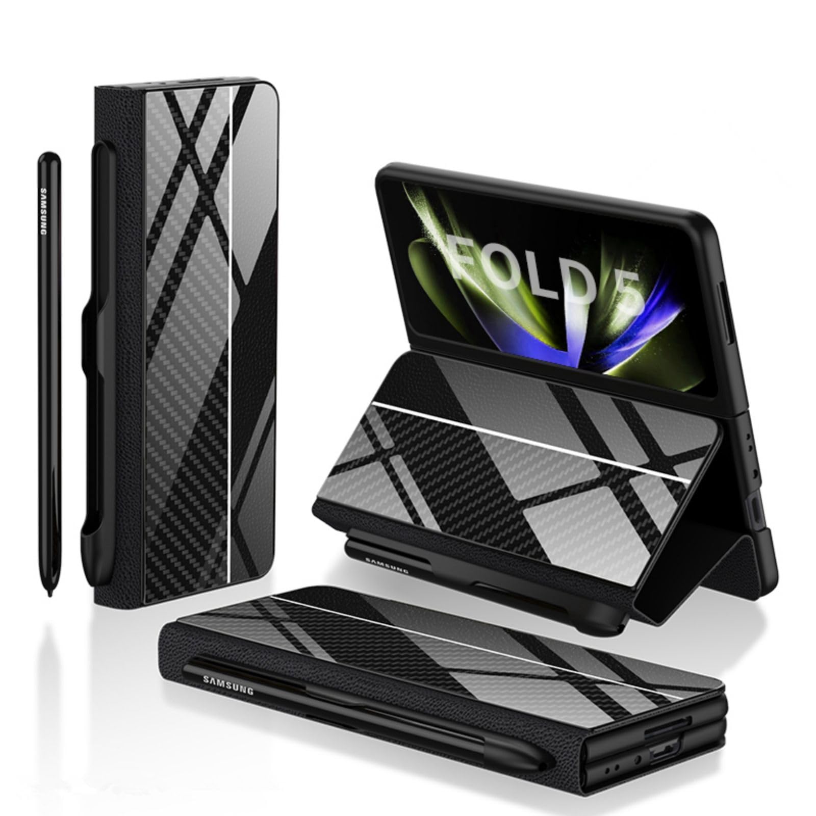 Custodia Etui do Z Fold5 etui z klapką + otwór na długopis, stojak, skóra folio, szklany blat, osłona przednia, etui na telefon komórkowy z klapką do Samsung Galaxy Z Fold5 (15)