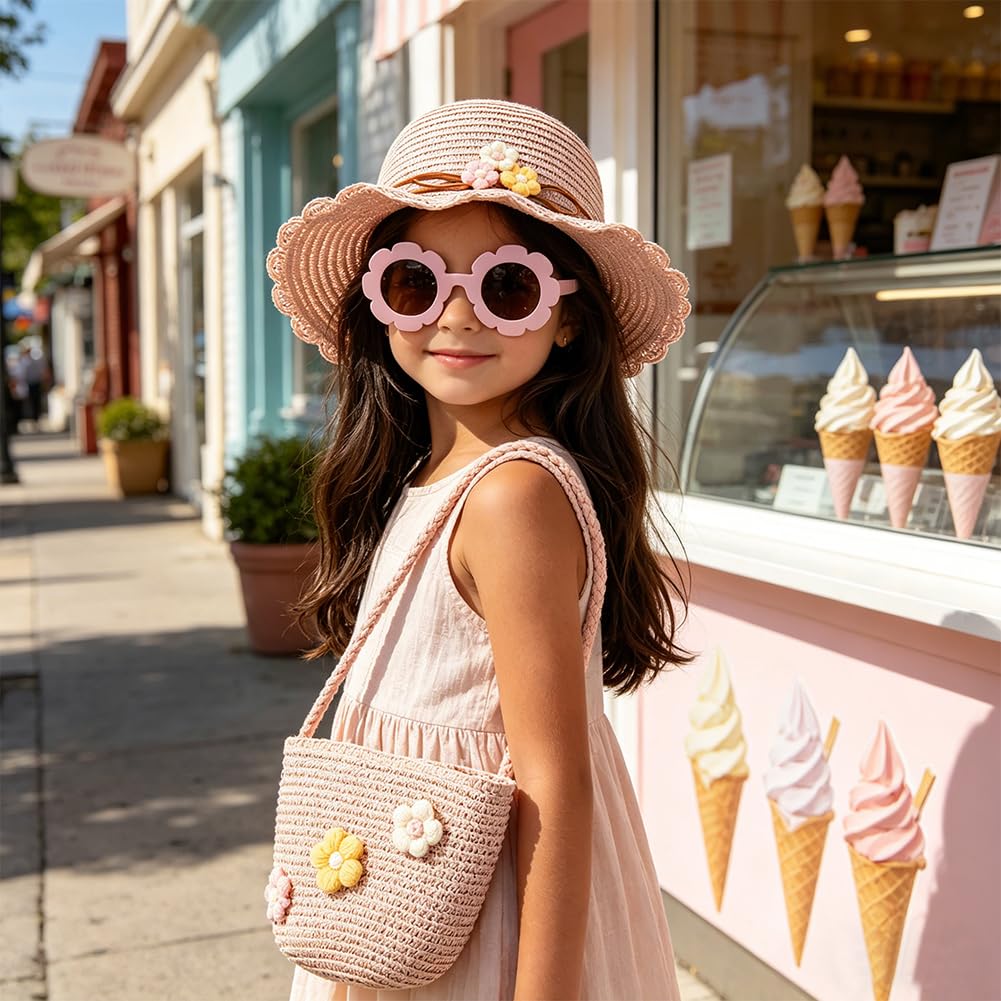 Sombrero de Paja Niñas, Gorra de Sol Chica y Bolsa de Paja Set Gorro de Playa Gafas de Sols Playa de Verano Sombrero Mini Bolsa Cruzada de Pajas Sombreros para Viaje Beach Piscina(Rosa)