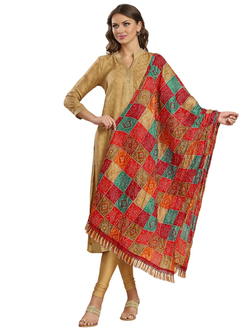 src creations Traditional Bandhini Printed Cotton Silk Dupatta, Multicolour, 2.25 x 0.9 Metres-picture-1