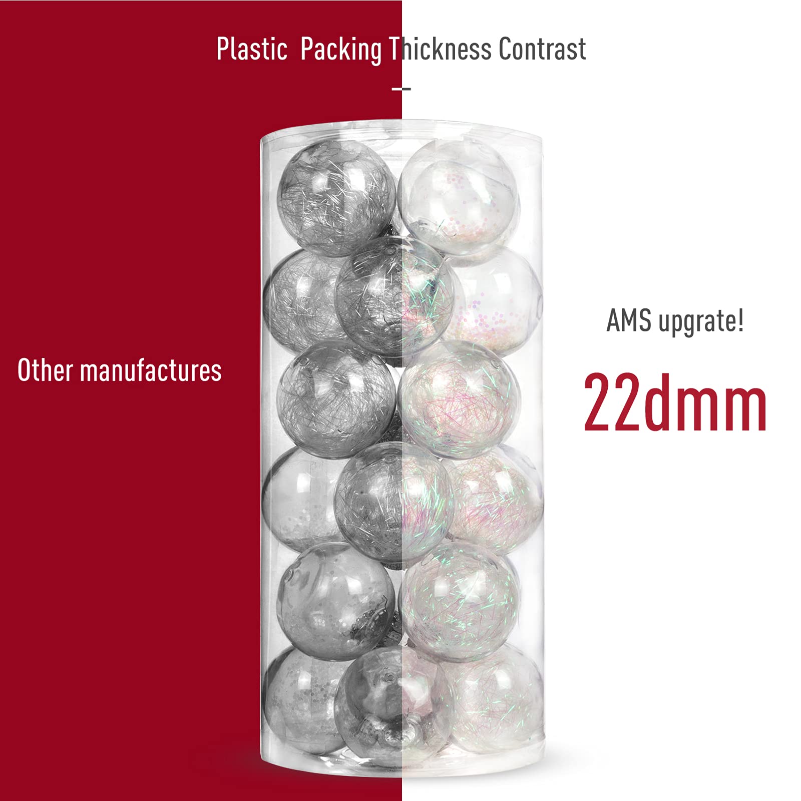 AMS Lot de boules de Noël décoratives en plastique transparent incassable de 7 cm/24 carats avec décorations délicates en peluche (60 mm irisé)