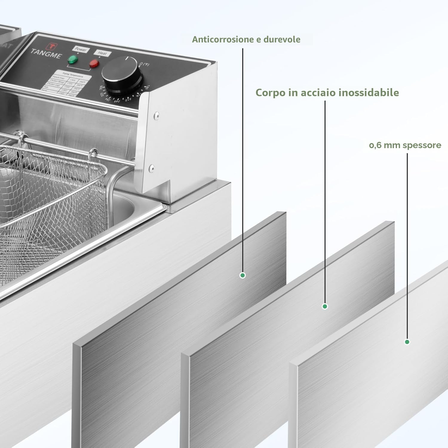 Friggitrice Elettrica Commerciale, 5000W Friggitrice Professionale con 2 Cestelli da 6L, Acciaio Inossidabile da 0,8mm, Capacità Totale 20L, con Limitatore di Temperatura