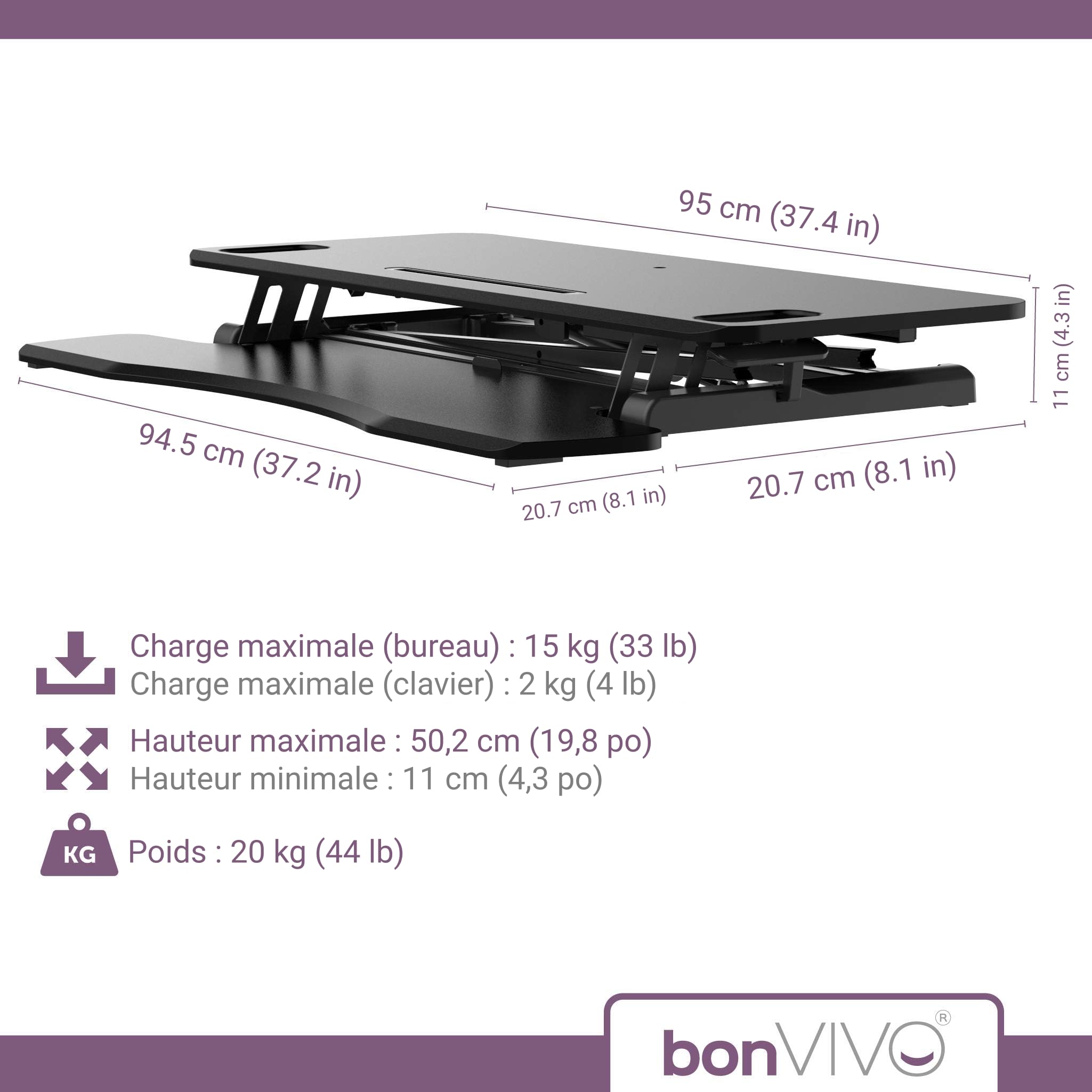 bonVIVO Bureau debout réglable en hauteur 95 x 40 cm – Rehausseur de position assise transforme n'importe quelle station de travail en bureau debout – Charge maximale : 15 kg – Noir