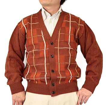 (Aspetiva) カーディガン Ｖネック(Ｖ首) 日本製 ウール100% 7ゲージ カラフルな格子柄ニット 紳士/メンズ/シニア/国産