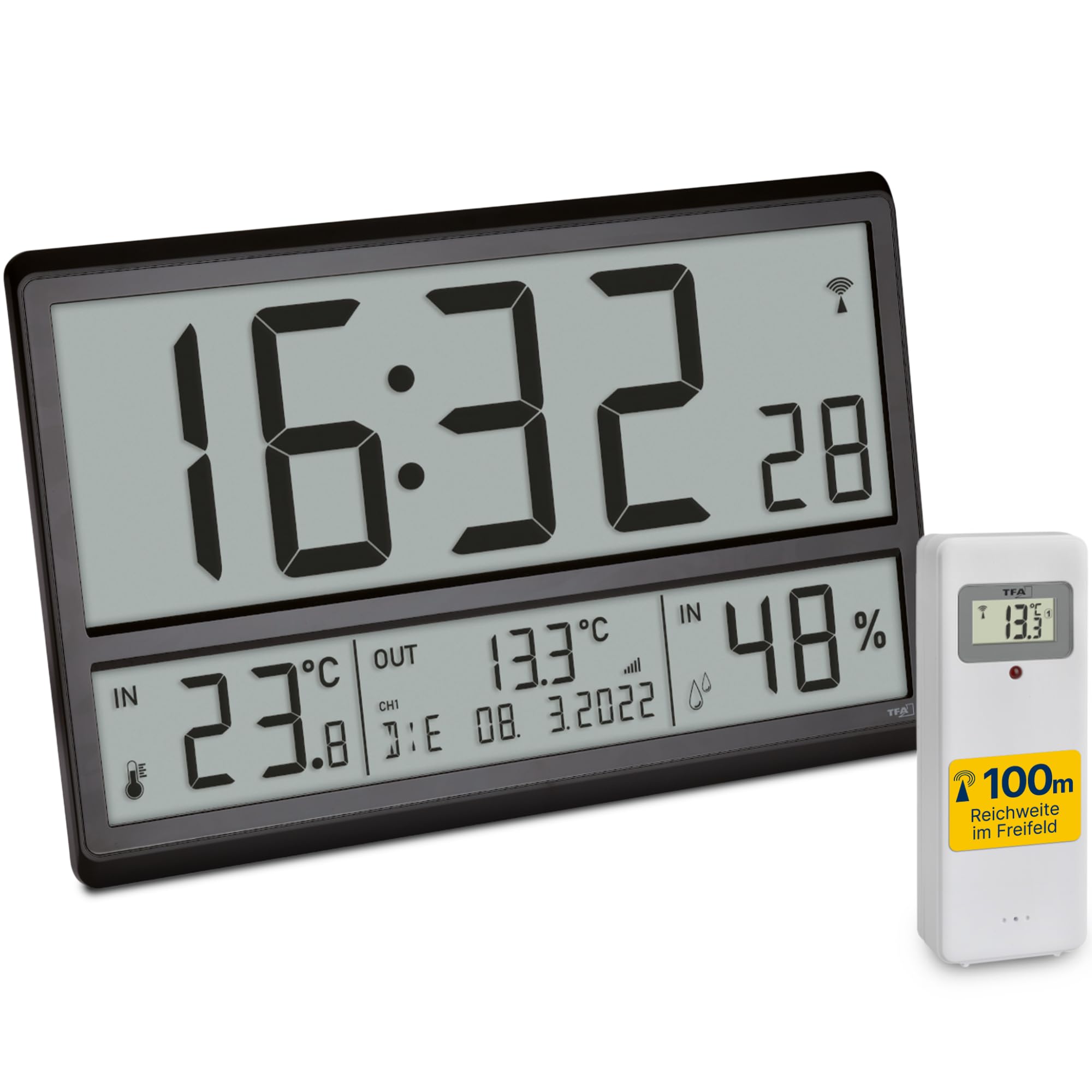 TFA Dostmann Digitale XL Wanduhr, 60.4523.01, mit Außentemperatur und Raumklima, Funkuhr, 24h Anzeige, vollständiges Datum, schwarz, (L) 360 x (B) 235 x (H) 28 (84) mm