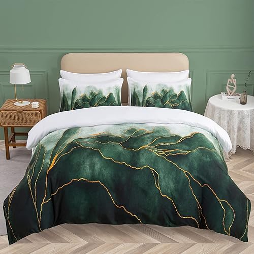 Funda de edredón de mármol verde, tamaño individual, funda de edredón blanca y verde oscuro con 2 fundas de almohada, funda de edredón verde