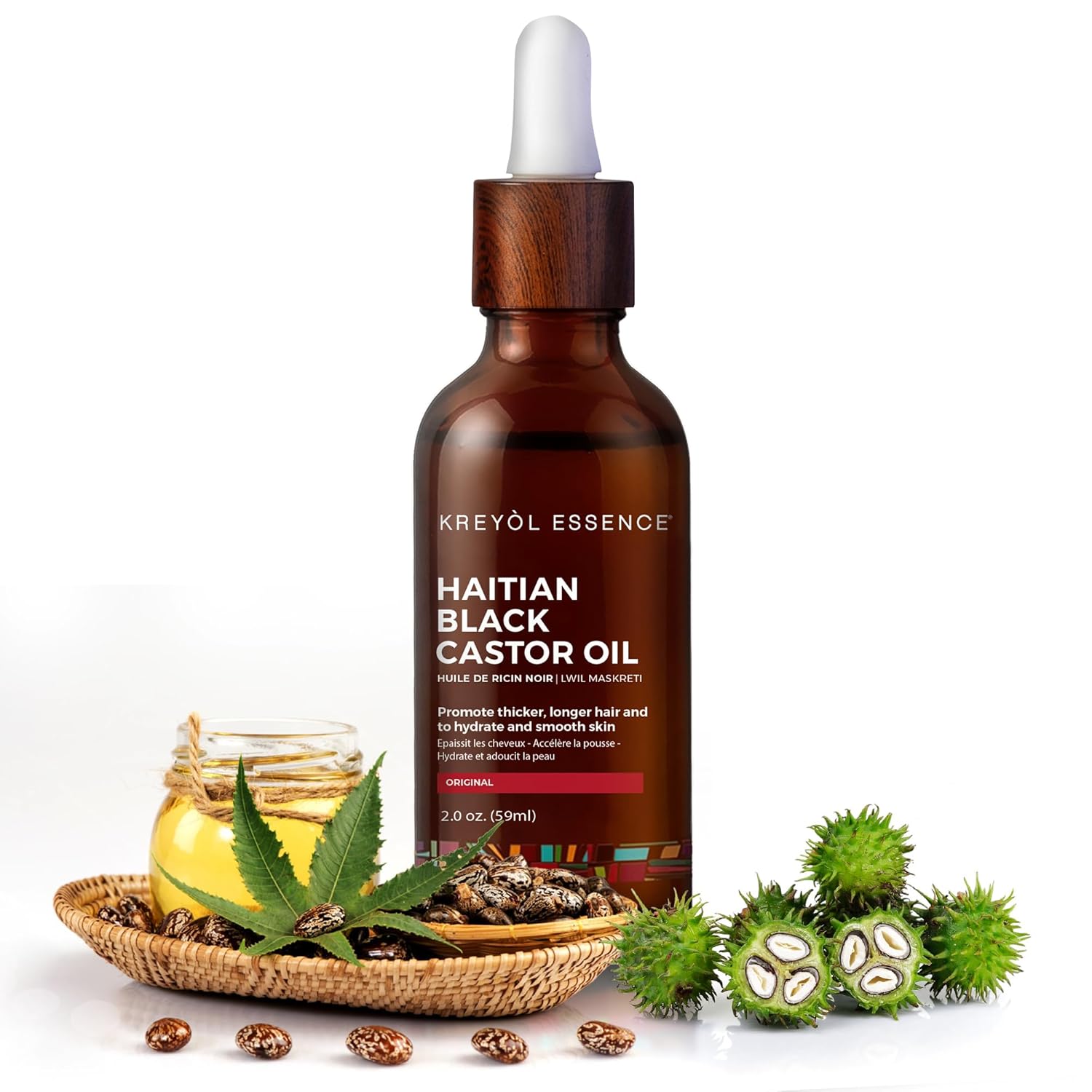 Kreyol Essence - Haitian Black Castor Oil for Skin and Hair, Glass Bottle - Fuller-Looking Hair, Pure, Hexane Free, Cold Pressed, Natural Humectant (Original, 3.4 fl oz)