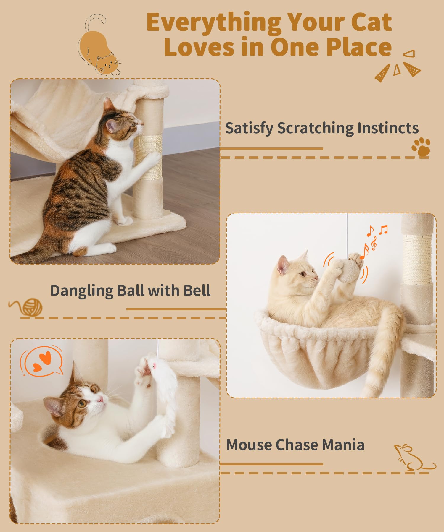 AMHANCIBLE Tall Cat Tree, 70 Inch Cat Tower for Indoor Cats, Multi-Level Cat Tree with Scratching Post, Hammock, Hanging Basket, Large Cat Condos for Adult Cats Kittens, Beige, PT18BG - image 6