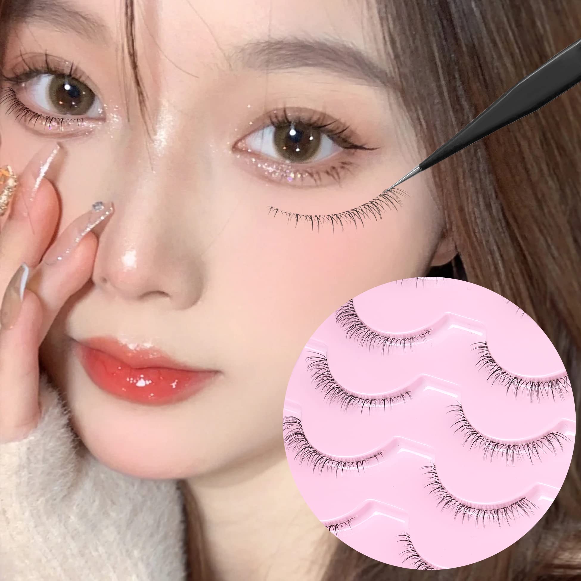 ALICROWN HAIR Bottom Lashes Strip Eyelashes Lower Natural Lashes Fluffy Wispy False Eyelashes Cat Eye 3D Volume Fake Eyelashes with Clear Band 5 Pairs Eye Lashes Pack