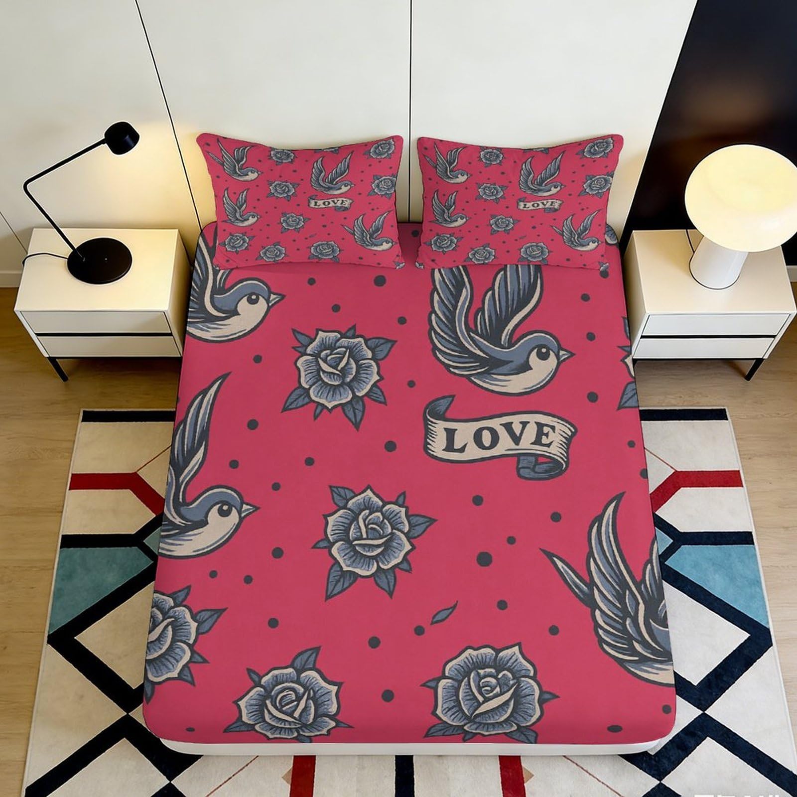 3D Printed Bird Rose Fitted Sheet Microfiber Decorative Love Bed Cover for Bedroom Guest Room Easy Care 90x200x25cm