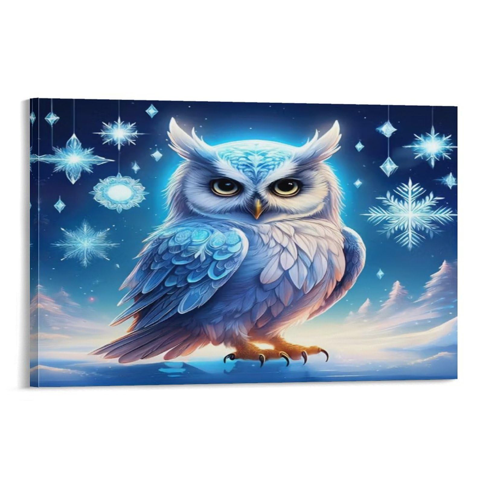 Snowy Owl Perched on Branch Under Full Moon 1 Piece Arctic Owl Surrounded by Hanging Snowflakes Canvas Print - Office Wall Art Fade Resistant Wall Focal Art Statement Piece 20x30inch(50x75cm)