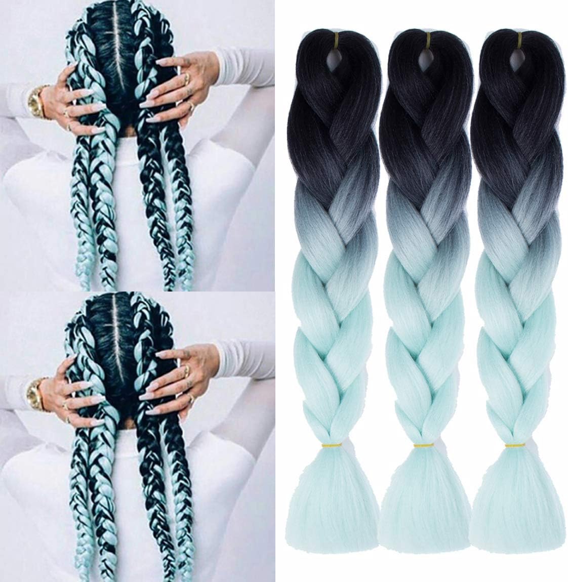 MSCHARM 5 Packs Synthetic Jumbo Braiding Hair Extensions Hair Ombre Twist Braiding Hair High Temperature Hair Extensions 100g/Pack 24Inch (60CM)(Black-Light Green)