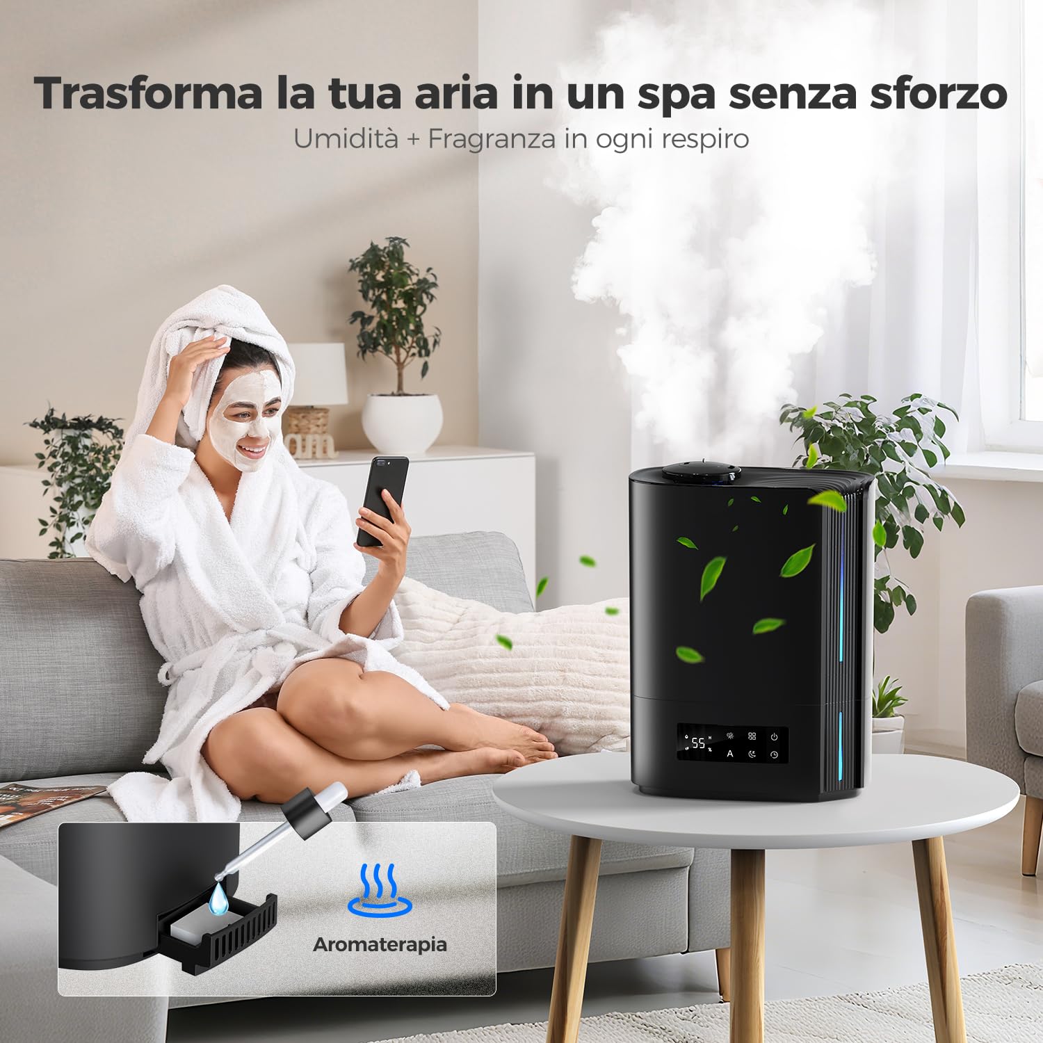 AROEVE Umidificatore Ambiente 6L, Diffusore di Oli Essenziali, Umidificatore a Ultrasuoni Top Fill per Bambini, Piante, Fino a 60 Ore di Autonomia, Controllo Umidità Intelligente, Silenzioso, Nero