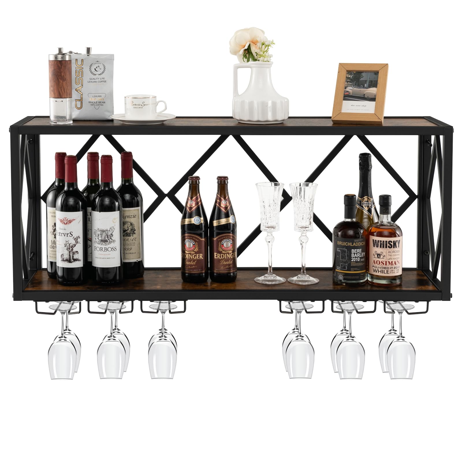 COSTWAY Porte-Bouteilles Mural Industriel, Étagère de Rangement avec Porte-Bouteilles 2 Niveaux, 6 Rangées de Porte-Verres, Gain de Place pour Cuisine, Bar, Salle à Manger