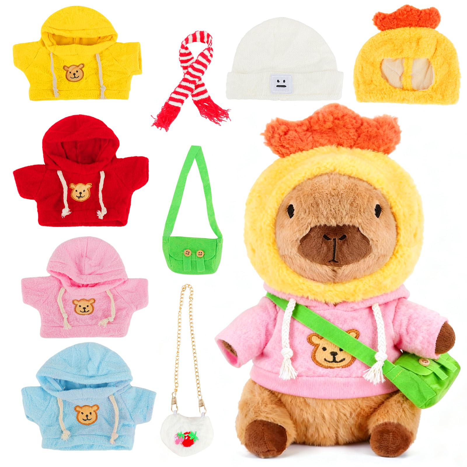XEERUN Capybara Plush Toy with 10PCS Clothes and Accessories, Dress Up Capybara Toys Set, Cute Capybara Teddy, Soft and Cuddly, Capybara Gifts for Boys Girls Birthday and Christmas, 24cm