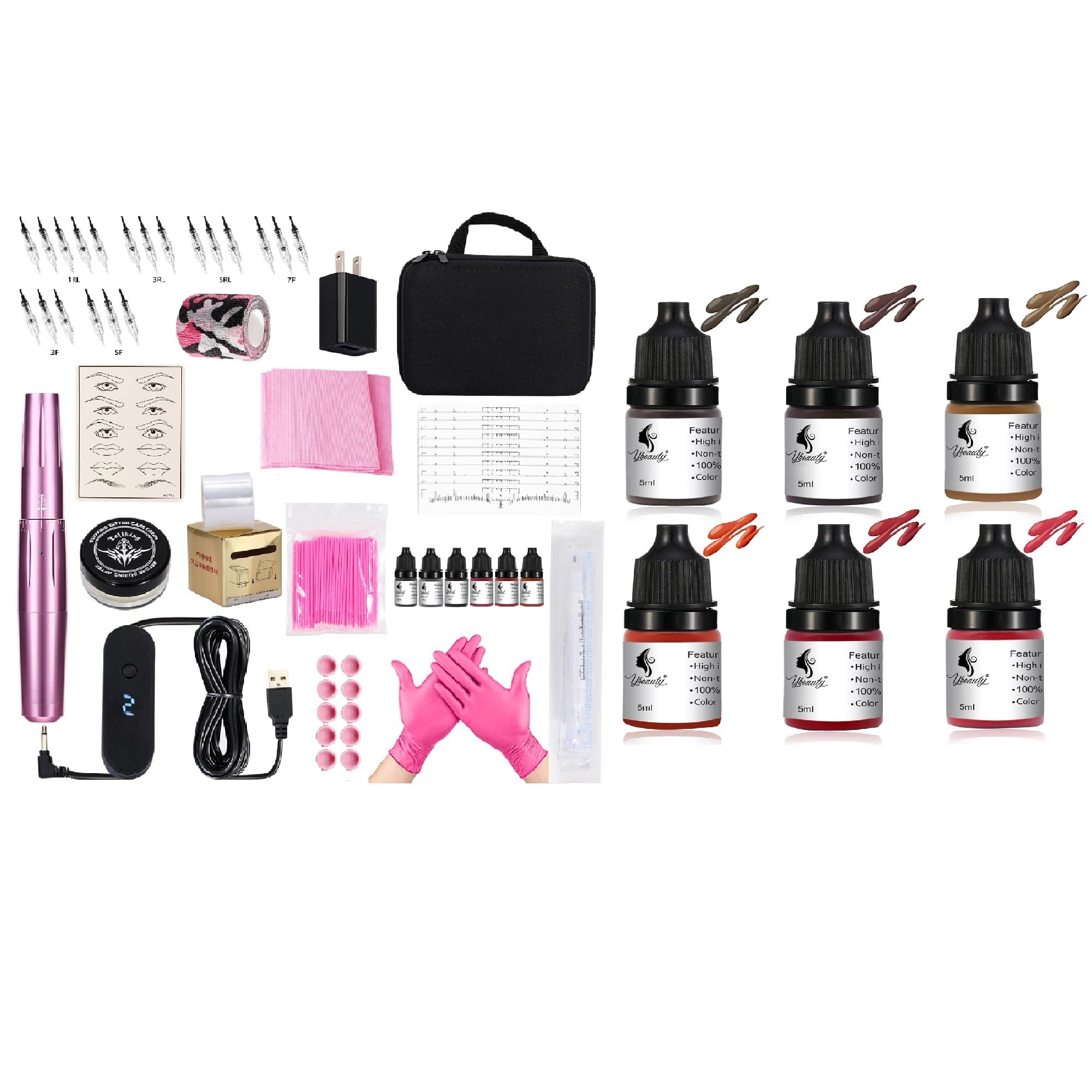 Eyebrow Makeup Tattoo Kit for Eyebrow Lip Eyeliner Complete Rotary Tattoo Pen Machine Kit with 20pcs Cartridge Needles Microblading Supplies 12pcs Tattoo Inks for Artists