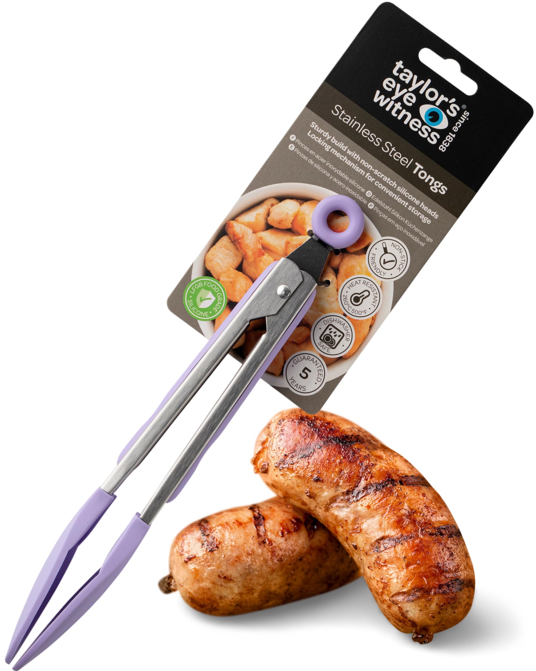 Taylors Eye Witness Large Steel Lavender Silicone Tongs, Dishwasher Safe, Sturdy Build, Non-Scratch Heads