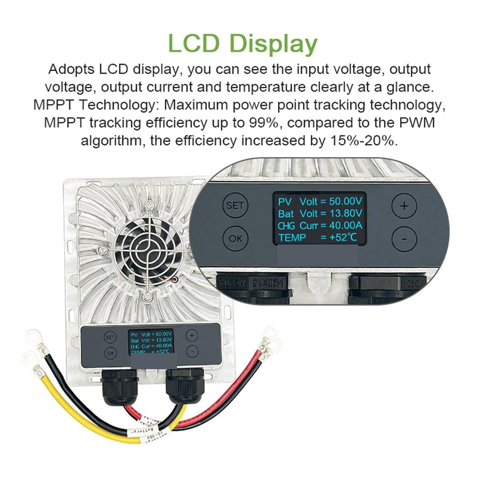 Regolatore di carica solare, Regolatore solare MPPT da 600 W Tensione 10-30 V regolabile con display LCD Monitoraggio del punto di massima potenza Step-down fotovoltaico