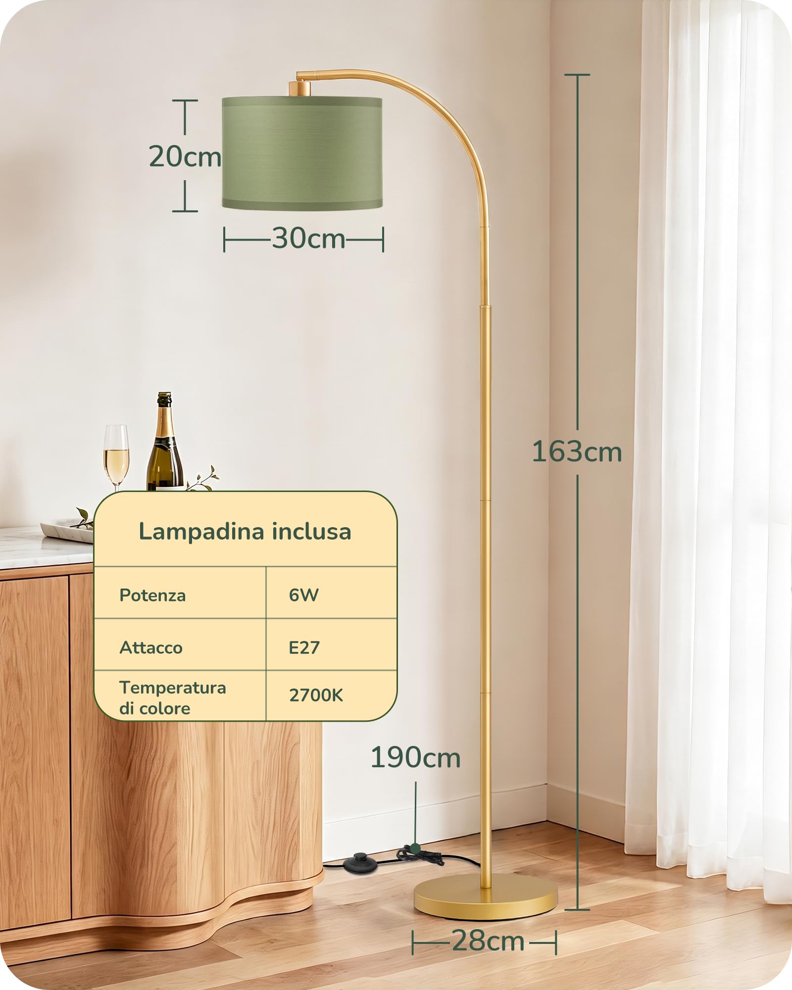 EDISHINE Lampada da Terra Soggiorno, Testa Orientabile, Verde Salvia & Oro | Struttura in Metallo & Paralume in Tessuto, Attacco E27, Lampadina LED 2700K Bianco Caldo Inclusa, per Camera da Letto