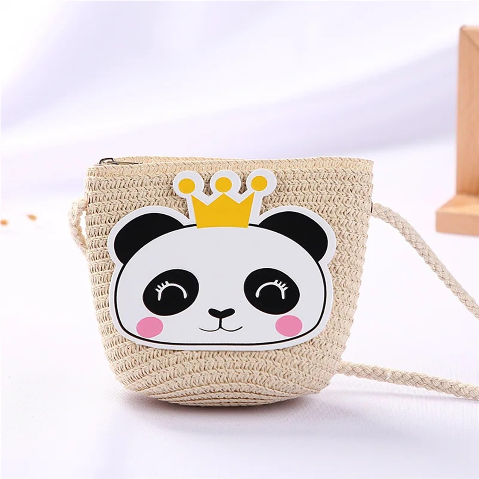DVMSIEF Straw Bag Cute Children Straw Shoulder Bags Flower Baby Girls Small Bucket Crossbody Bag Boys Kids Mini Coin Purse Beach Handbags(Panda beige)