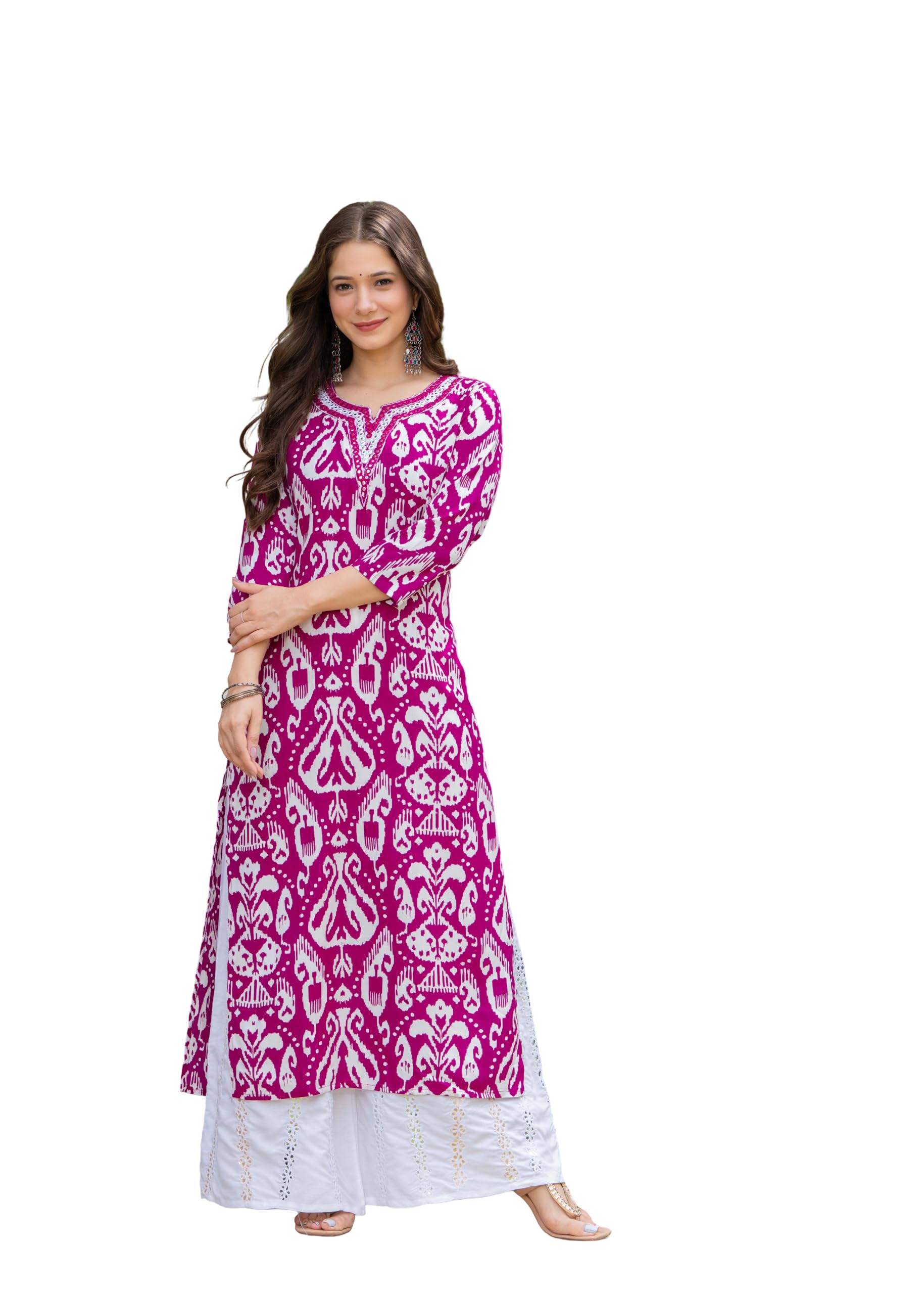 Women Rayon Straight Kurti| Printed Ethnic Kurta with Neck Embroidery | 3/4 Sleeve Calf Length | Ikat Design | Casual Office S–3XL-image-48