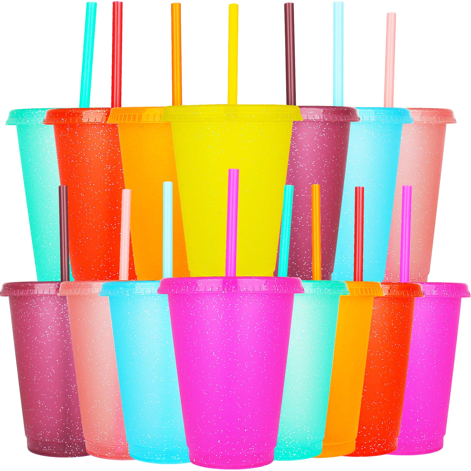 Yisituo 480ml Reusable Plastic Cups, 15 Pack of Kids Tumbler with Lid and Straw, for Cold Drinks Iced Coffee