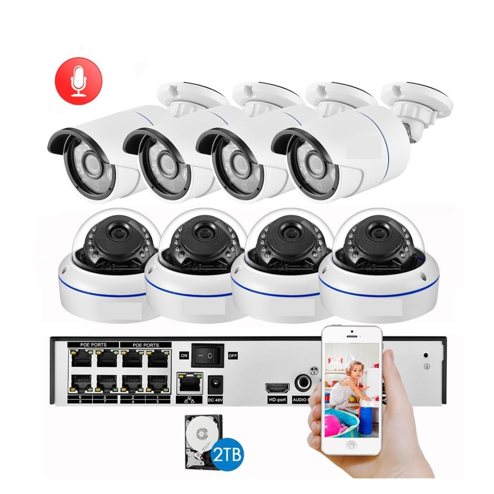 265 8CH 3MP POE NVR Kit Audio Sound CCTV System 3.0MP Dome Sicherheit IP Kamera P2P Indoor Outdoor Video Überwachung Set(None,8CH NVR and 2 Camera)