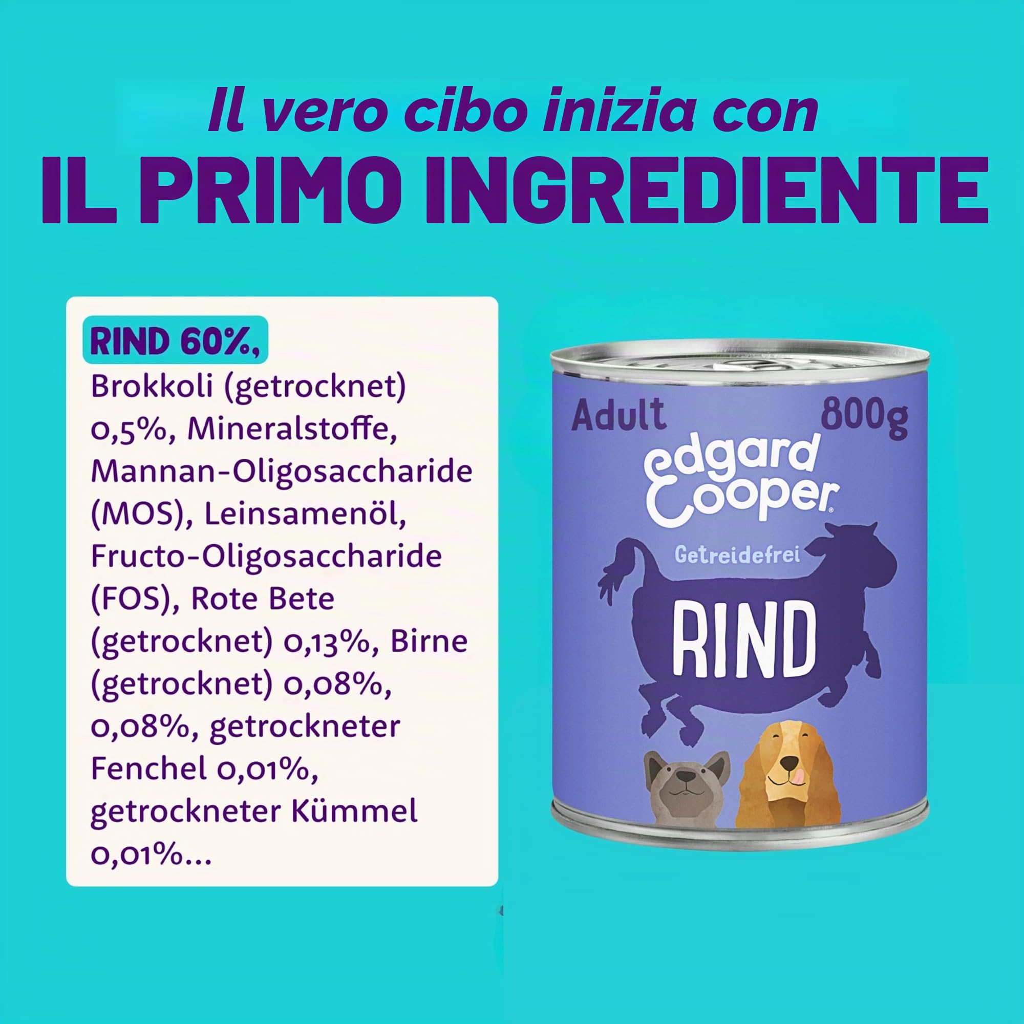 Edgard Cooper Cibo umido per cani (manzo, 800 g x 6), cibo per cani bagnato 800 g, senza cereali, ingredienti naturali e carne fresca, pieno di aminoacidi essenziali