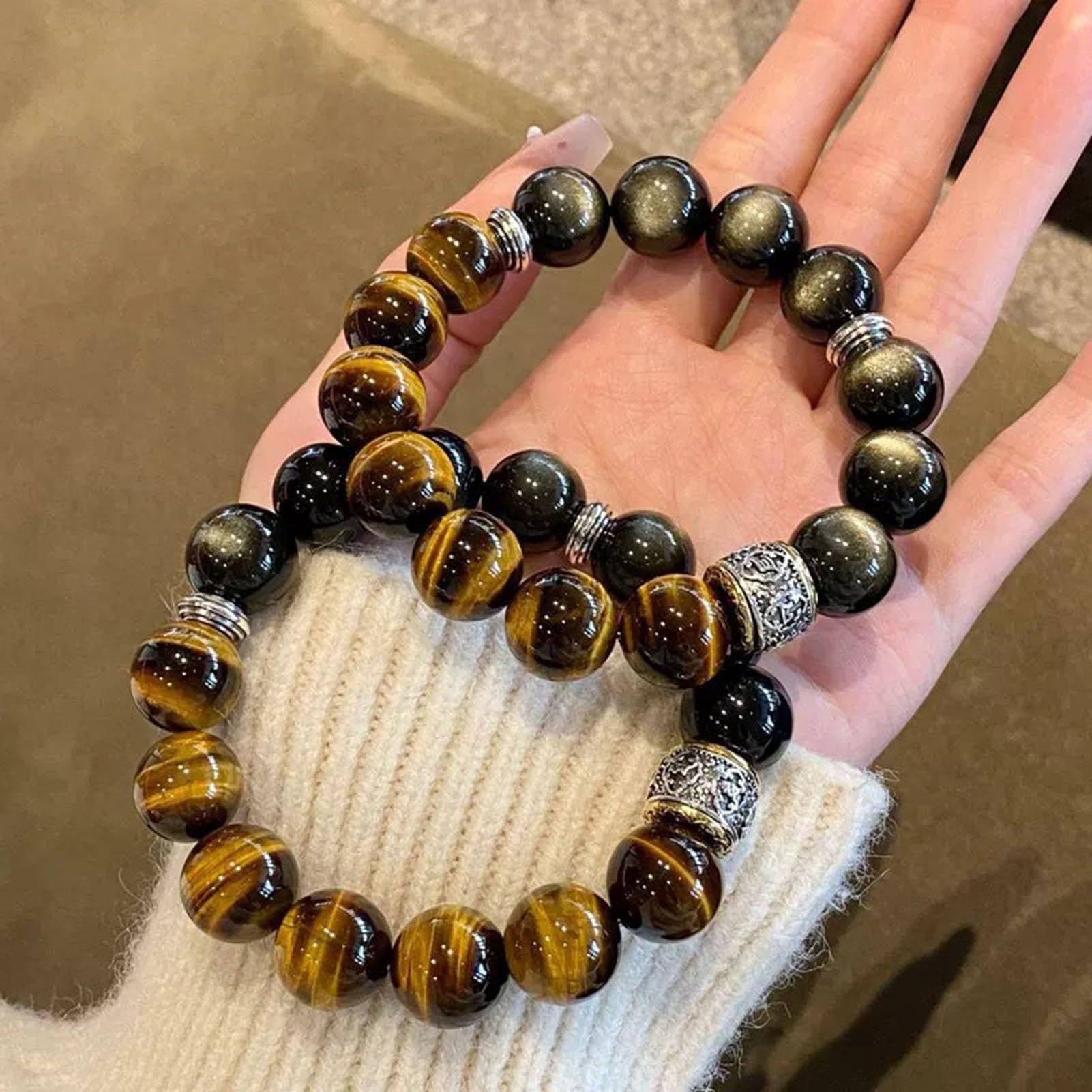 Bracciale in Ossidiana con Occhio di Tigre Giallo e lucentezza Dorata - Perline di Cristallo Nero e Marrone Dorato Naturale per Protezione e Sicurezza, Gioielli Elasticizzati,12MM