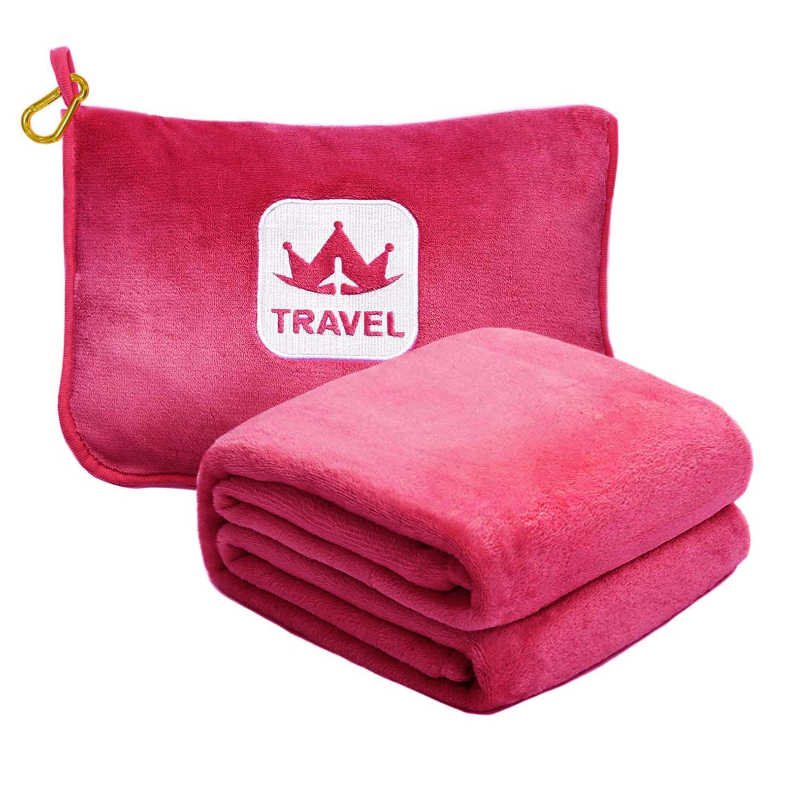 Travel Blanket 2 in 1 Soft Flannel Airplane hot Pink Throw Blankets in Soft Bag Pillow case with Hand Luggage Belt, 65x40inch, Barbie Pink