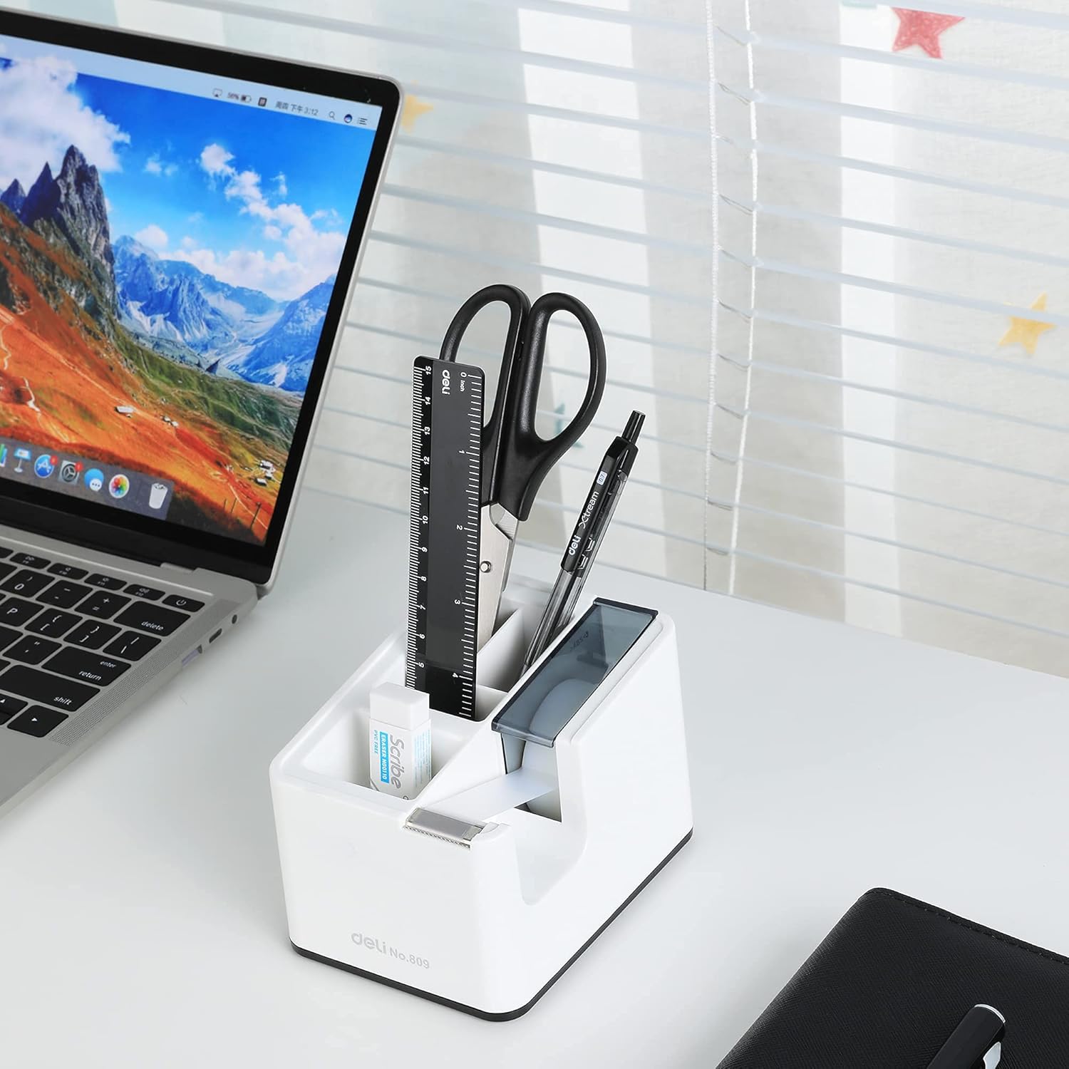 Deli Desktop Tape Dispenser, Desk Tape Dispenser with Pen Holder for Office School Home, Weighted Non-Skid Base, Fits 1" Core, White : Office Products