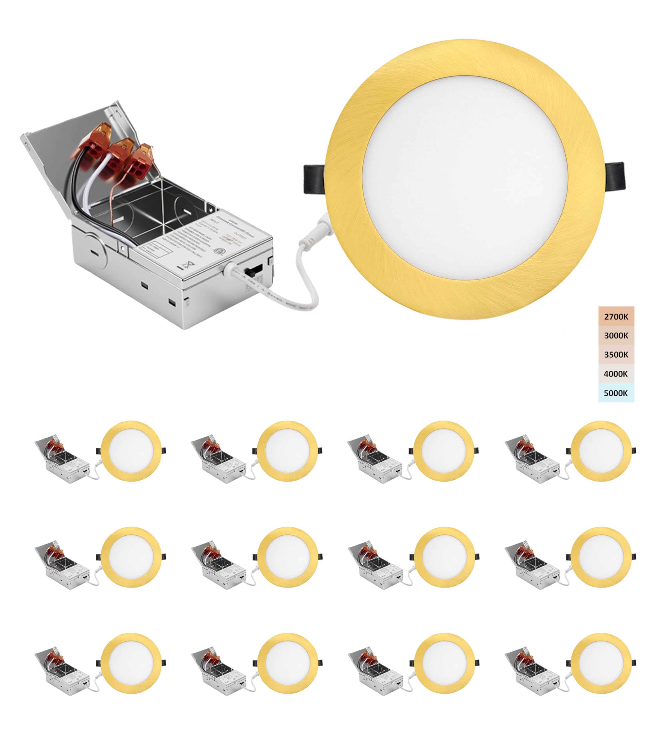 Photo 1 of POPANU 6-inch LED Recessed Lights - Slim Recessed Ceiling Light with Junction Box, 12W 5CCT Canless Lighting Fixture, Dimmable, Easy Install for Bedroom, Kitchen, Living Room, 12 Pack, Shiny Gold