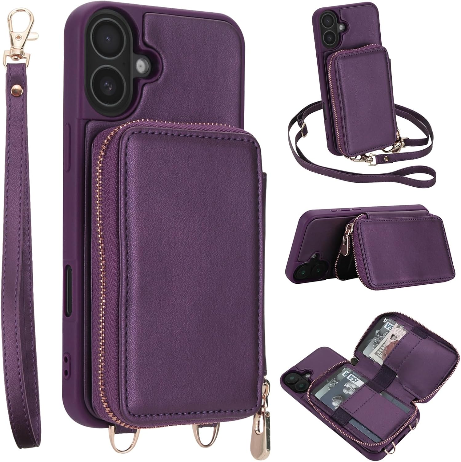 Crossbody Wallet Case for iPhone 17/17 Air / 17 Pro / 17 Pro Max, PU Leather Zipper Purse with RFID Blocking Card Holder, Detachable Strap, Kickstand & Shockproof Cover(Dark Purple,17)
