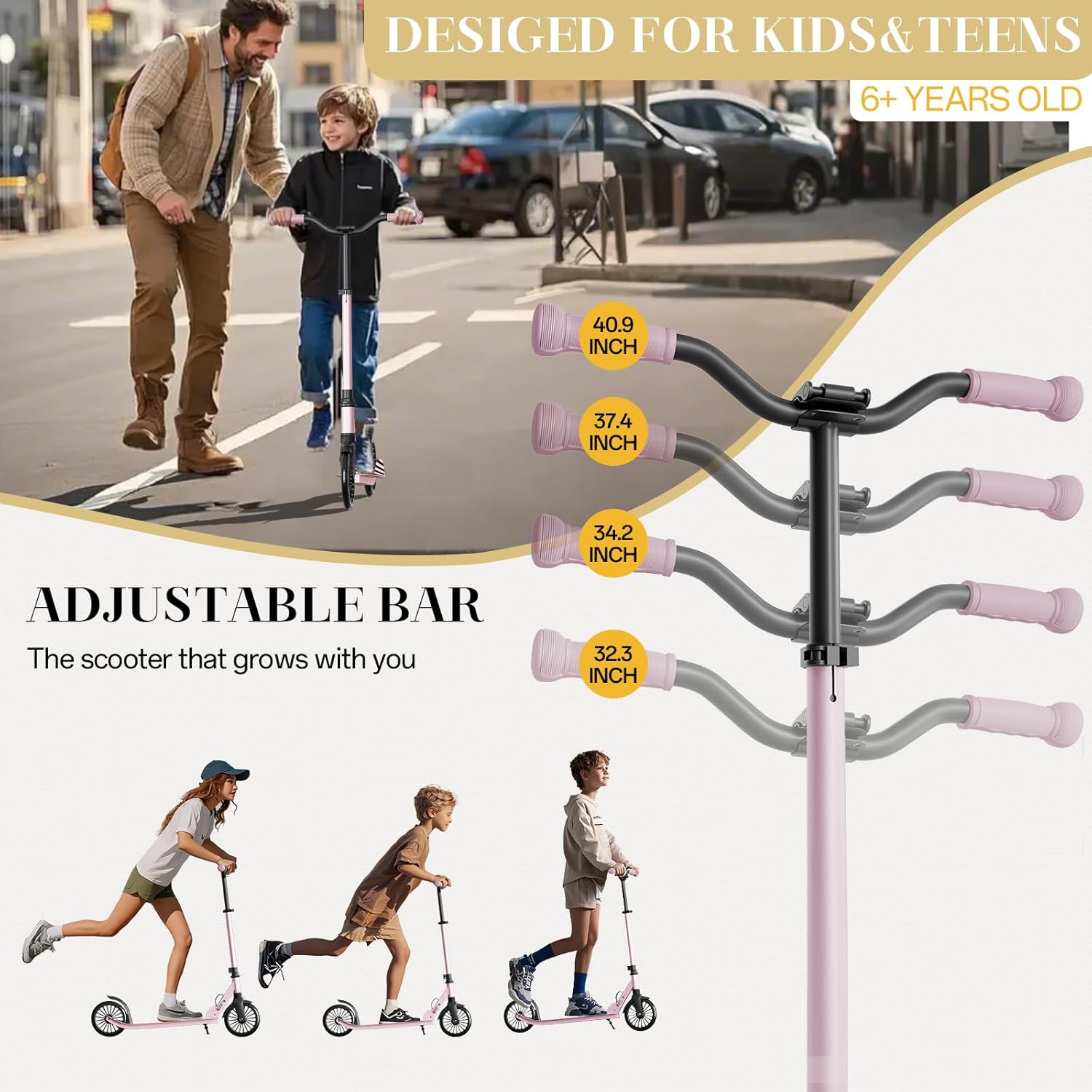 Scooter for Kids, Lightweight Foldable Kick Scooter, 4-Level Adjustable Handlebar, 8-Inch Large Wheels with Shock Absorption, for Ages 6 and Up - Image 2