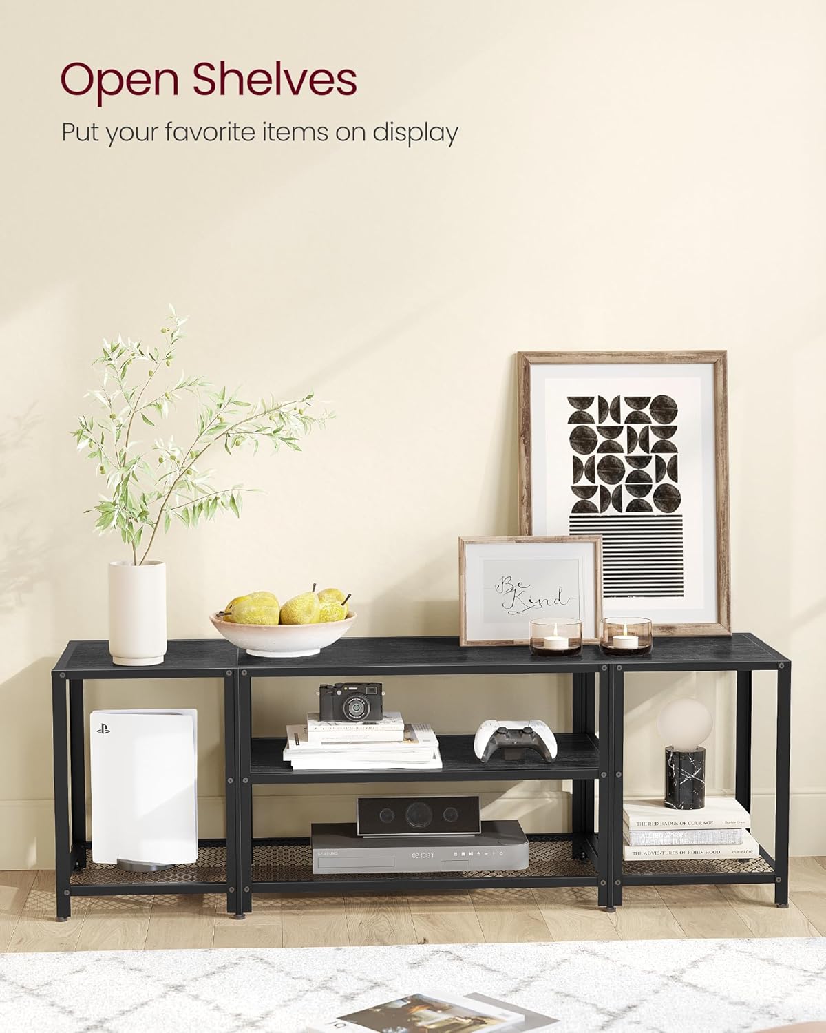 VASAGLE Modern TV Stand for TVs up to 65 Inches, 3-Tier Entertainment Center, Industrial TV Console Table with Open Storage Shelves, for Living Room, Bedroom, Black with Wood Grain ULTV097B22