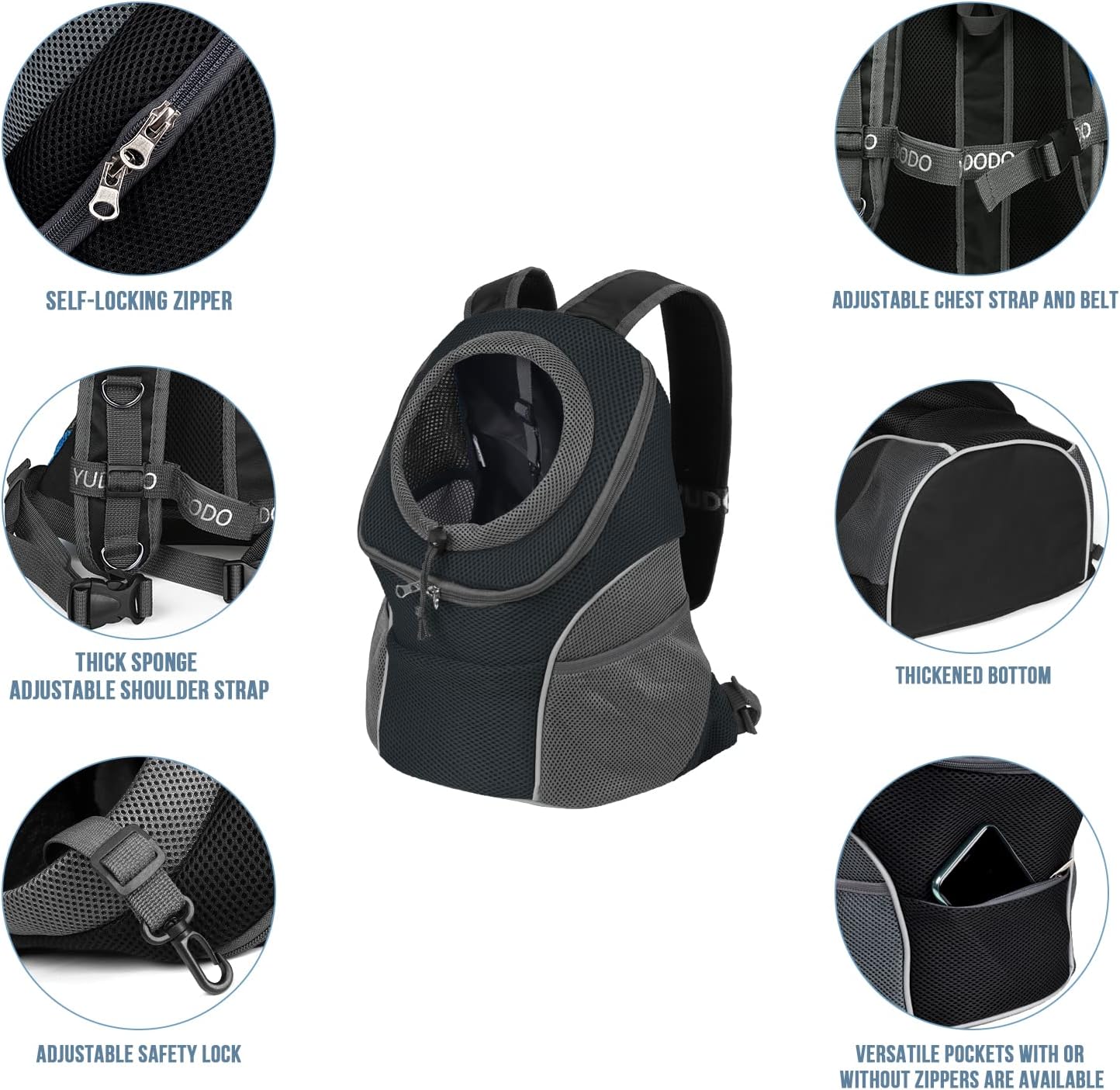 YUDODO Dog Carrier Backpack Pet Dog Carrier Front Pack Breathable Head Out Reflective Safe Doggie Carrier Backpack for Small Dogs Cats Rabbits(M(5-10lbs), Black) : Pet Supplies