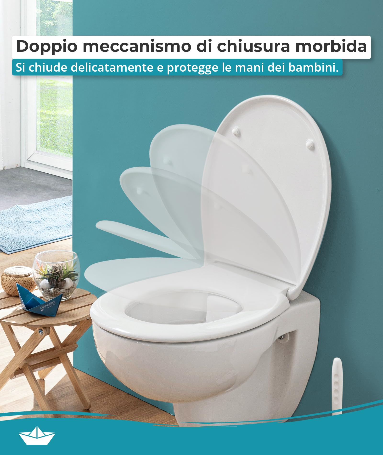 Calmwaters® Copriwater con abbassamento automatico, sedile WC facile da montare, fino a 250 kg, Made in EU, in Duroplast antibatterico, 2 modalità di fissaggio, rimovibili, occhialini ovali