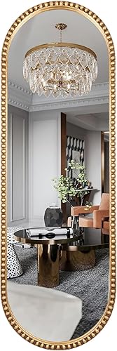 Espejo ovalado de longitud completa, marco de cuentas de metal de 16 x 47 pulgadas, espejo grande para colgar en el suelo, para dormitorio, sala de