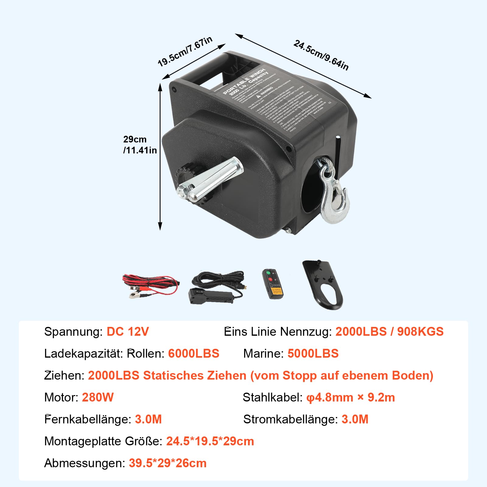 LALABU Elektrische Seilwinde DC 12V für Bootstrailer mit Funkfernbedienung,5000LBS Marine, Bootswinde elektrisch, Boot Elektrische Winche,Winde Seilzug Stahlseil