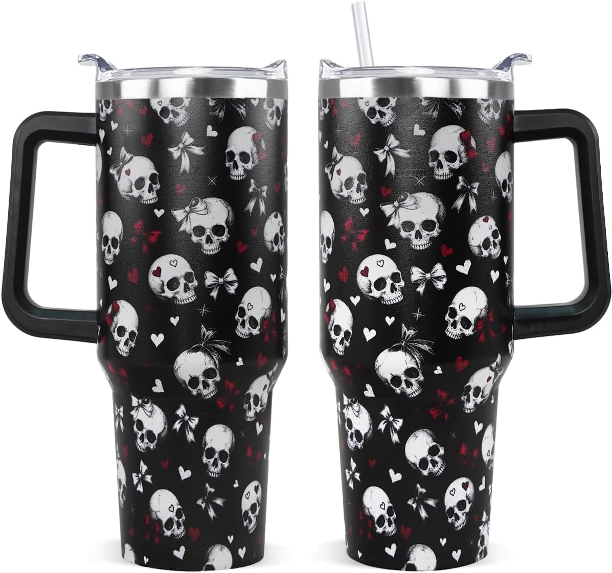 Goth Tumbler 40oz Skull Bow Coffee Travel Mug Leak Proof Insulated Cup with Handle and Straw Vacuum Insulated Stainless Steel Cup Gothic Coquette Dark Academia Halloween Gifts for Women