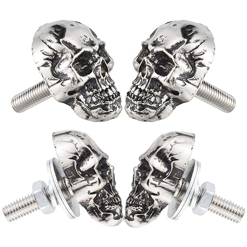 Miniatura 5 de Tornillos antirrobo para placa de matrícula, con diseño de calavera para la mayoría de vehículos, motocicletas, 4 unidades (plateado)